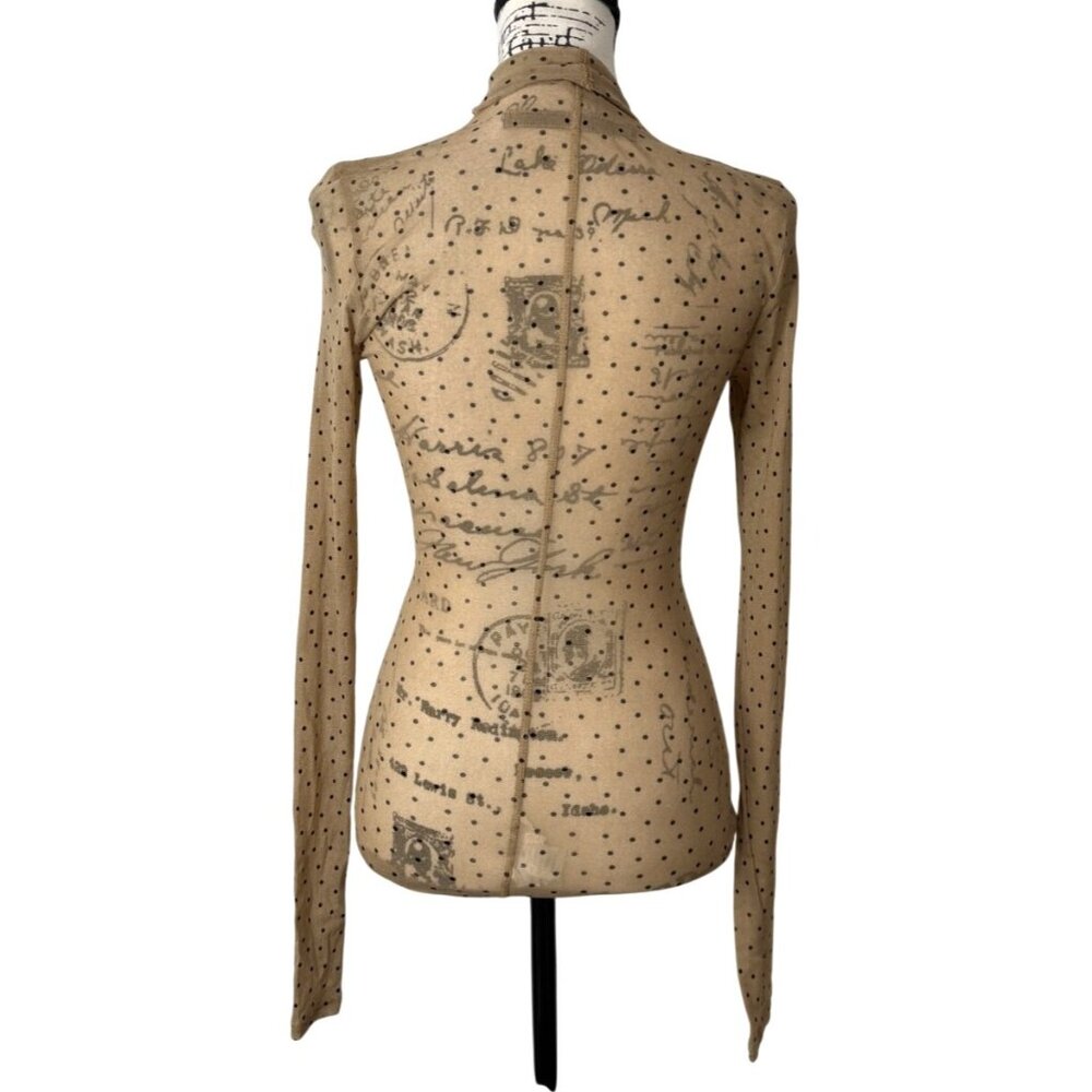 Enza Costa Sheer Top Long-Sleeve Turtleneck Tan + Black Polka Dot Womens Size M - Picture 4 of 9